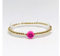 Gold beaded smiley face bracelet Beaded Smiley Face, Smiley Face Bracelet, Card Tags, Smiley Face, Gold Beads, Baby Pink, Rope Bracelet, Smiley, Pink And Orange