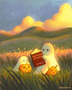 there are two ghost reading a book in the grass with pumpkins on their feet