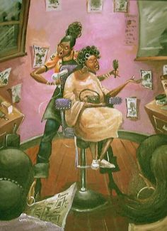 a painting of two women sitting in a barbershop and one is playing the guitar