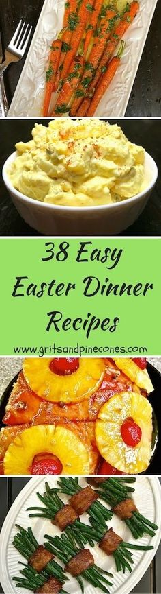 the images show different types of food on plates and in pans, with text overlay that reads 38 easy easter dinner recipes