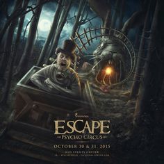 the poster for escape psychic circus shows an old man in a wooden cart with a glowing head