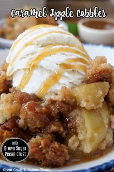 an image of caramel apple cobbler with brown sugar pecan crust on a plate