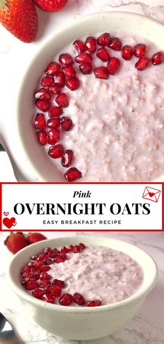 oatmeal with pomegranate and strawberries in a white bowl