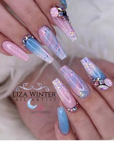 Nails For Gender Reveal, Gel Nail Ideas, French Videos, Nail French, Glass Slippers, Unicorn Nails, Summer Acrylic Nails, Glam Nails, Nail Designs Glitter