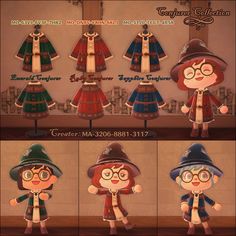 the animated character is dressed up in different outfits and hats, including a wizard hat