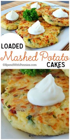 loaded mashed potato cakes with sour cream on top