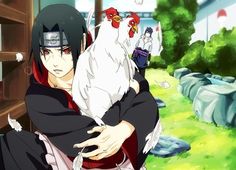 an anime character holding a chicken in his arms while another person watches from the other side