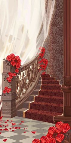 a staircase with red roses on the steps