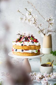 a cake sitting on top of a white plate covered in frosting and fruit toppings