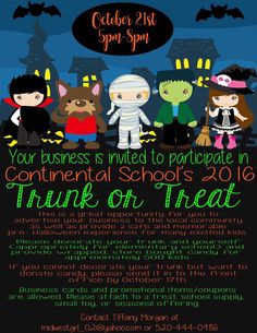 halloween party flyer with three children dressed as witches and ghost on the front, in black background