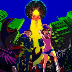 two people standing in the middle of a city with an alien like object above them