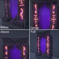 four different views of a building with purple light in the window and below it, there is