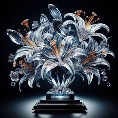 a glass vase filled with lots of flowers on top of a wooden stand in front of a black background