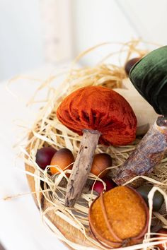 an assortment of fruits and vegetables in a nest