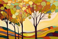 an abstract painting of trees and hills with colorful colors on the tops, in shades of yellow, orange, green, red