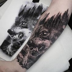 two wolf tattoos on the arm and leg