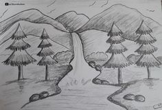 a pencil drawing of trees and a stream in the woods with rocks on the ground