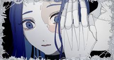 an anime character with blue hair covering her face and hands behind her head, surrounded by white flowers