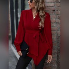 Elevate Your Wardrobe With This Stunning Shein Lune Blouse In Size L. The Asymmetrical Hem And Belted Waist Add A Stylish Touch To This Basic Red Blouse. The V-Neckline And Long Sleeves Make It Perfect For Any Occasion, While The Solid Pattern Allows For Versatility In Styling. This Blouse By Shein Is A Must-Have For Any Fashion-Forward Woman. The Brand Is Known For Its Quality And Attention To Detail, Making It A Reliable Choice For Your Clothing Needs. Get Ready To Turn Heads With This Gorgeou Asymmetrical Solid Color Blouse, Elegant Office Blouse With Asymmetrical Hem, Chic Blouse With Asymmetrical Hem And Solid Color, Formal Spring Blouse With Asymmetrical Hem, Solid Asymmetrical Hem Blouse For Fall, Fall Blouse With Asymmetrical Hem In Solid Color, Fall Asymmetrical Hem Blouse, Evening Blouse With Asymmetrical Hem For Fall, Asymmetrical Hem Blouse For Evening In Fall