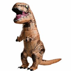 an adult inflatable t - rex costume standing on its hind legs and mouth open