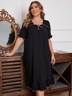 Plus Size Black Ruffled Hem Sleep Dress Pajama Dress / Mid-Length Nightgown Black Casual-Woman  Short Sleeve Knitted Fabric Plain Nightgowns Medium Stretch All Women Plus Sleep and Lounge, size features are:Bust: ,Length: ,Sleeve Length: Pajama Dress, Plus Size Black, Cute Pajamas, Sleep Dress, Flounce Sleeve, Mid Dresses, Black Ruffle, Kids Sleepwear, Sleepwear Women