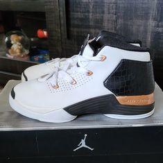 Air Jordan 17+ Copper Condition: Brand New With Original All. Only Issue Is The Right Shoe Has Some Oxidization On The Sole. Please Check Pics Above. Really Cool Shoe For A Collector. Size: 1y Everything Ships Within 48 Hrs! All Items Are 100% Authentic! Thanks For Shopping My Closet! White Jordan Training Shoes With Round Toe, White Jordan Training Shoes, White Jordan Shoes For Training, White Leather Jordan Shoes For Running, White Mid-top Jordan Training Shoes, White Mid-top Jordan Shoes For Training, Cool Shoe, Shoes Air, Kids Jordans