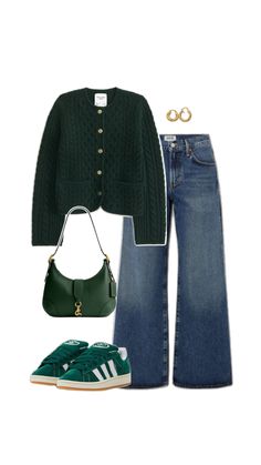 a green sweater and jeans outfit with shoes