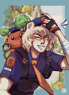 a drawing of a police officer holding a stuffed animal in his hand and looking at the camera