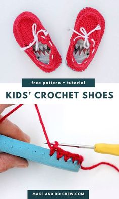 the crochet shoes are being worked on with yarn and scissors to make them look like they have teeth