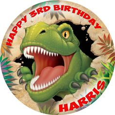 a happy 3rd birthday button with an image of a dinosaur