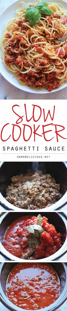 the cover of slow cooker spaghetti sauce is shown in three different images, including one with