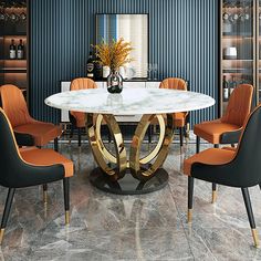 an elegant dining room with marble table and orange chairs in front of blue striped walls