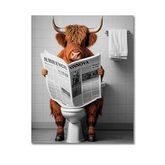 a cow sitting on top of a toilet while reading a newspaper with his head turned to the side