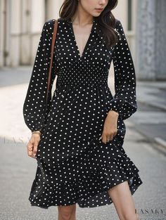 Lasaky - Polka Dot Long Sleeve Dress with Waist Cinching Summer Long Sleeve Polka Dot Dress, Spring Long Sleeve Polka Dot Midi Dress, Long Sleeve Polka Dot Dress For Spring, Spring Polka Dot Long Sleeve Midi Dress, Long Sleeve Polka Dot Midi Dress For Summer, Casual Long Sleeve Polka Dot Midi Dress, Fall V-neck Polka Dot Midi Dress, Fall Polka Dot V-neck Midi Dress, Umbrella Skirt