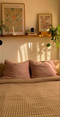 a bed with two plants on top of it and some pictures above the headboard