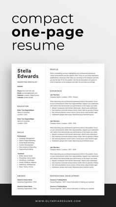 a professional resume template with one page and no cover letter on the front, in black