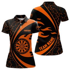 a women's polo shirt with an orange and black design on the front, which says team name