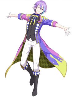 an anime character with purple hair and white pants