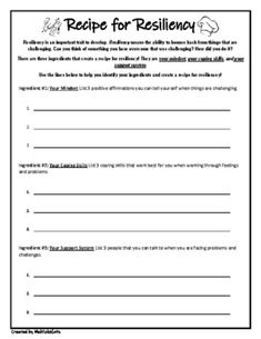 This worksheet activity will help students identify their ingredients for Resiliency!What is Resiliency? Resiliency means the ability to bounce back from things that are challenging. Use this worksheet to help identify and discuss what is needed for a person to be resilient. The worksheet discusses the "ingredients" for resiliency. They are:1. Your Mindset2. Your Coping Skills3. Your Support SystemStudents will identify positive affirmations, coping skills that work for them, and positive suppor Resilience Worksheets, Womans Retreat, Resilience Activities, Expressive Therapy, Therapeutic Recreation, Be Resilient, Recreation Therapy, The Worksheet