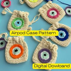 several crocheted purses with eyeballs on them and the words, appd case pattern