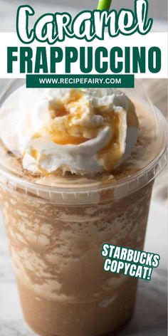 caramel frappuccino in a plastic cup with whipped cream on top