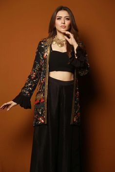 Buy Samatvam by Anjali Bhaskar Black Habutai Silk Embroidered Jacket Lehenga Set Online | Aza Fashions Jacket Lehenga, Black Lehenga, Desi Wear, Embroidered Motifs, Gaun Fashion, Open Jacket, Frill Sleeves, Dress Indian Style