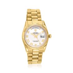 Pre-Owned Rolex Day-Date Men's 36mm Automatic 18kt Yellow Gold Watch. C. 2001. Experience the renowned luxury of a pre-owned Rolex with this Day-Date men's timepiece. This watch features a modern calendar with an instantaneous day display, spelled out in full in a window on the dial, in addition to the date. Additional features include Swiss automatic movement, synthetic sapphire crystal, 36mm case, white dial with Roman numeral time markers, and 18kt yellow gold crown, bezel and presidential br Rolex Datejust Men, Rolex Datejust Ii, Modern Calendar, Rolex Explorer Ii, Rolex Explorer, Fine Jewelery, Rolex Oyster Perpetual, Rolex Oyster, Pre Owned Rolex