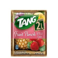 tang fruit punch flavored snacks are displayed on a white background with green leaves and strawberries