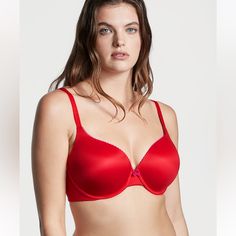 Meet The Subtle Push-Up You’ve Been Waiting For. A Supersoft Bra That Lifts, Covers And Stays Comfortable All Day Long, With Lighter Memory Fit For Extra Support As It Conforms To Your Curves And A Smoothing U-Shaped Back And Sides. Lift & Lining Uplift With Cushioned Padding For Shape Full Coverage Underwire Cups Straps & Hooks Adjustable Straps Back Closure 4 Settings To Ensure A Perfect Fit Details & Fabric Bow And Charm Details At Front U-Shaped Ballet Back Prevents Band From Riding Up And O Elegant Seamless Red Bra, Elegant Red Seamless Bra, Elegant Red Victoria's Secret Bra, Beautiful Bras, Fit Details, Fabric Bows, Recycled Materials, Victoria Secret, Women's Intimates