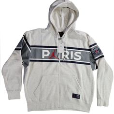 Nwt Men’s Nike Air Jordan Paris Saint-Germain Full Zip Hooded Jacket Sz Small White Hooded Hoodie For Winter Sports, Casual Track Jacket With Adjustable Hood For Winter Sports, White Fleece Hooded Jacket For Outdoor, White Fleece Hooded Jacket For Outdoor Activities, Casual Hooded Jacket For Winter Sports, Jordan Jackets, Coats Men, Jordan Grey, Paris Saint