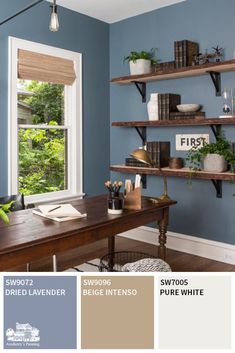 a room with blue walls and shelves filled with plants