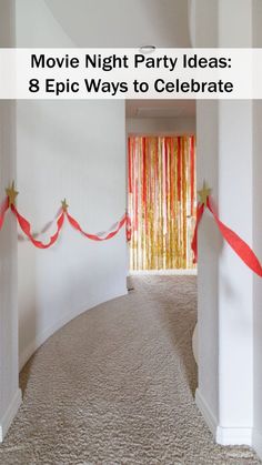 an empty room with red ribbon and white walls