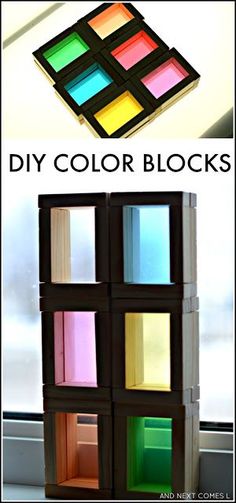 there are different colored blocks on the window sill with text overlay that reads, diy color blocks