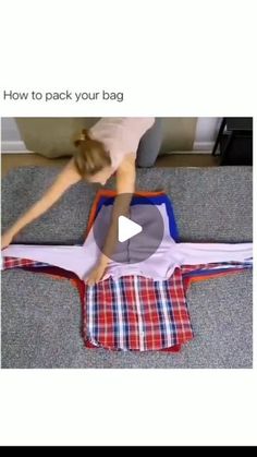 a woman standing on top of a pile of clothes next to a wall with the words how to pack your bag